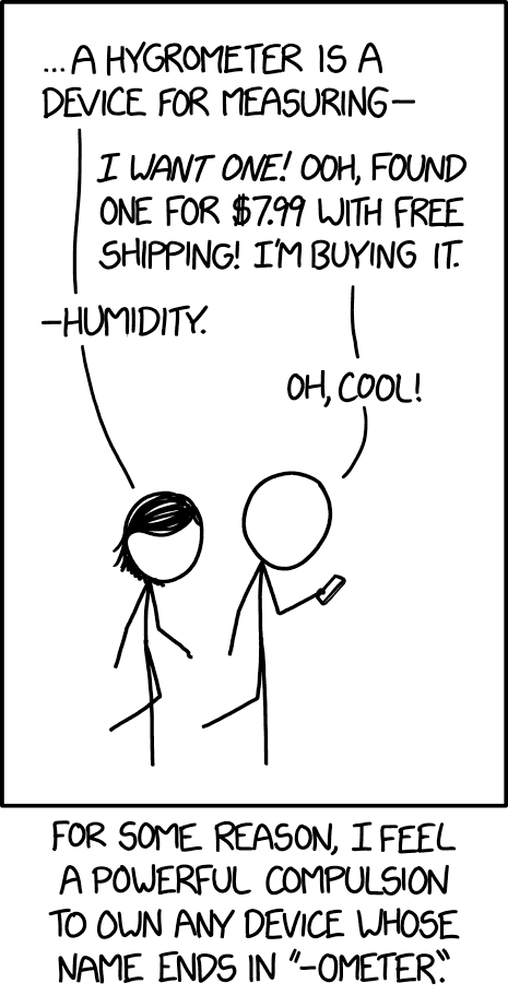 I'm working on assembling a combination declinometer, sclerometer, viscometer, aleurometer, stalagmometer, and hypsometer. I'm making good progress according to my ometerometer, a device which shows the rate at which I'm acquiring measurement devices.