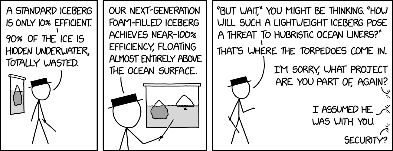 Our experimental aerogel iceberg with helium pockets manages true 100% efficiency, barely touching the water, and it can even lift off of the surface and fly to more efficiently pursue fleeing hubristic liners.